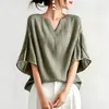 Camisa top de mujer estilo japonés Rakuten 2026 verano, manga corta, holgada, cuello en V, volantes, hombros caídos, 4 colores en stock