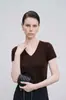 "Rocío Blanco" Jersey de Punto de Manga Corta Ajustado de Una Pieza Sin Costuras Yangzi 100% Lana con Cuello en V y Prenda de Punto Debajo