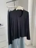 Camiseta elegante de manga comprida com gola U em duas camadas de lã Tencel para mulheres, outono e inverno 2026, camada base macia e amigável à pele
