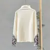 Nova coleção outono e inverno: top base layer de fleece dupla face bordado em estilo étnico retrô, gola semi-alta, corte justo, quente e estiloso para mulheres