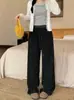 Calça Cinza Risca de Giz Wide Leg para Mulheres, Outono/Inverno 2026, Forrada com Fleece, Cintura Alta, Caimento Fluido, Para Baixas, Estilo Relaxado e Casual