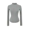 Camada base feminina de gola alta parcial com corte nos ombros, camiseta de manga comprida justa com barra curva, efeito emagrecedor, novo estilo de outono