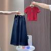 Conjunto de Primavera e Verão para Meninas 2025 Novo Estilo Moda Manga Curta Calças Retas de Primavera e Outono para Meninas Conjunto de Duas Peças para Meninas