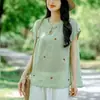 Top de algodón y lino estilo chino para mujer, versión fina de verano, cuello mao, diseño abotonado, camisa retro, nuevo estilo chino, corte holgado, blusa bordada de algodón y lino
