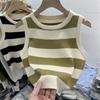 Chaleco Corto de Punto de Seda Helada de Cintura Alta Ombliguera Camiseta Pequeña para Mujer 2022 Verano Nuevo Ajustado Sin Mangas Rayado Top