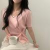 Coreia do Sul Ins Verão Francês Nicho Elegante Decote em V Design Cintura Dividida Cor Sólida Camisa Tricotada de Manga Curta Top Chique