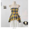 Chaleco de punto a cuadros contrastantes estilo coreano sin mangas de un solo hombro para mujer, tops tipo tubo ajustados con volantes de verano para mujer
