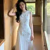 Vestido sin mangas, ricamente bordado, de estilo francés para mujer, perfecto para vacaciones de verano y viajes; un vestido de verano largo y vaporoso
