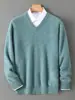Suéter grosso masculino de gola V cor sólida transfronteiriço, corte casual solto, novo estilo outono/inverno, malha de lã pura com mangas compridas, camada base