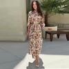 2025 Primavera e Verão Novo Europeu e Americano Amazon Cor Pura Lapela Laço na Cintura Elegante Vestido com Fenda para Mulheres
