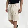 Shorts casuales de seis bolsillos para hombre con cintura elástica, cordón, corte holgado, múltiples bolsillos, estilo ropa de trabajo para exteriores, tela de algodón, longitud de cinco puntos