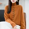 Novo cardigã de malha feminino com botões, gola semi-alta, bloqueio de cores espessado para outono e inverno, lã old money 2026, corte solto, tecido misto