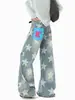 Calça jeans estilo americano lavada com estampa de estrelas para homens e mulheres, calça casual de design outonal estilo rua, calça longa solta de nicho