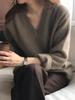Suéter de lã com decote em V grosso para outono e inverno, feminino, veludo solto, 100% casual, suéter preguiçoso, uso interno, uso externo, base de malha combinada