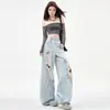 Calças Largas de Tecido Pesado Estampadas Jeans Rasgado Feminino Calças Retas Estilo Hot Girl Retro Calças Jeans Roupa Feminina