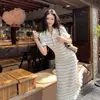 Vestido Polo Rayado Elegante de Bloques de Color Estilo Coreano, Seda de Hielo, Vestido Largo de Playa Estilo Mori Japonés, Europeo y Americano, Femenino
