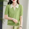Salida de Liquidación Mostrador Retira Suéter de Hilo de Seda de Hielo Holgado con Cuello de Marca para Mujer, Elegante Camiseta de Manga Corta de Verano