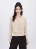 Suéter de lana tipo pullover, elegante, maduro y casual, nuevo para principios de otoño, color liso, cuello en V, manga larga, entallado a la cintura, top para mujer