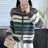 Suéter cárdigan con cremallera a rayas de arcoíris y cuello alto estilo americano para mujer, top tejido vintage otoño e invierno 2026, chaqueta casual