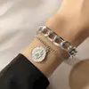 Pulsera Versátil de Moda de Aleación Transfronteriza Europea y Americana Apilada Multicapa Colgante de Cabeza Redonda Joyería de Mujer Ins Hip-Hop