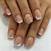 24 peças de unhas postiças estilo francês em degradê rosa pêssego, unhas de manicure 3D usáveis, adesivos de unha postiça para comércio exterior