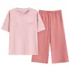Pijama Curto de Manga Curta Cropped para Mulheres Verão Fino Algodão Puro com Bojos Roupas de Casa Podem Ser Usadas Fora do Conjunto Transfronteiriço 2025