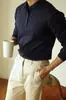 Otoño e Invierno Nuevo Color Puro Simple Moda Versátil Ligero Maduro Holgado Casual Negocios Cuello Solapa Ropa de Trabajo Camisa Polo de Manga Larga para Hombre