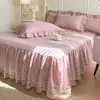 Falda de Cama de Encaje Estilo Coreano Transfronteriza Juego de Tres Piezas Estilo Princesa Color Sólido Cubre Cama Individual/Doble Protector de Colchón de Encaje Antideslizante