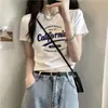 Camiseta Branca de Algodão Puro com Estampa de Letras de Manga Curta para Mulheres, Nova Slim-Fit Curta Primavera/Verão 2026, Camiseta Básica, Estilo Ins