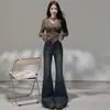 Jeans Acampanados Elásticos con Diseño Infantil Naranja Empalmado, Forro Polar, Ajuste Delgado, Pantalones Versátiles de Campana, Modernos para Mujer
