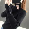 Nueva camiseta de punto de manga larga con cuello de pelo ajustada para primavera y otoño 2022, jersey de cuello alto ajustado para mujer, top interior para mujer