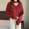Estilo Coreano Estilo Holgazán Delgado Casual Color Puro Tejido Ropa Interior 2024 Nuevo Cuello en V Suéter Holgado Manga Linterna para Mujer