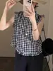Nova Camisa Xadrez Plissada Sem Manga Estilo Coreano de Verão para Mulheres 2026 Camisa Boneca Retrô Top Versátil A12921
