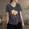 Excedente de Stock de Comercio Exterior Transfronterizo Marca Grande Etiqueta Cortada Manga Corta Moda Femenina Ropa de Moda para Mujeres de Mediana Edad Estampado Cuello en V