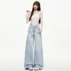 Jeans feminino retro americano com bigodes de gato amassados e desgastados, novo 2026, calça longa solta de perna larga afunilada, dropshipping