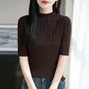 Camiseta Base de Punto Fino de Lana para Primavera y Verano, Cuello Alto, Manga Corta, Color Sólido, Canalé, Corte Ajustado, para Mujer (Paquete de 60)
