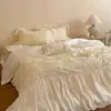 Juego de Ropa de Cama Romántico Estilo Francés Femenino Clase A Ultra Suave Algodón Tencel de Cuatro Piezas con Funda Nórdica de Encaje Plisado para Todas las Estaciones