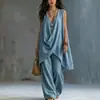 2026 Europeu e Americano Transfronteiriço Amazon Primavera/Verão Feminino Sem Mangas Gola Alta Cor Sólida Elegante Solto Algodão Linho Estilo Férias Conjunto