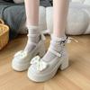 Mocassins de salto alto com arco estilo francês feminino 2024 Nova moda para todos os jogos cinto de fivela de salto grosso Mary Jane Shoes