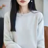 Suéter de Punto de Algodón 100% Cuello Redondo Manga Larga Estilo Old Money para Mujer, Suéter Base Grueso Cálido Casual Adelgazante