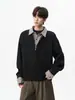 Sudadera de manga larga con solapa de retazos a cuadros estilo Miu, dos piezas falsas, para hombre, otoño, alta inteligencia, holgada