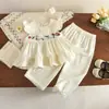 Roupa Infantil Coreana Verão Novo Estilo Menina Estilo Pastoral Retrô Bordado Floral Manga Bufante Top Calça Longa Conjunto de Duas Peças