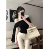 Camiseta de Manga Corta con Cuello de Mañana [Modelo Impulso Comercio Exterior] para Mujer, Estampado de Chica Caliente con Cinta, Hombros Descubiertos, Ropa Interior Adelgazante Irregular de Verano
