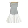 V26502-26 Estilo Verano Patchwork Top de Tubo de un Hombro Vestido de Punto Patchwork Falda Corta Estilo Coreano Corte Ajustado Bloqueo de Color
