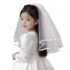 Velo corto de dobladillo de dos capas para niña de las flores, dama de honor, niña, actuación de jardín de infantes, cumpleaños de bebé, velo de princesa