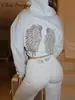Conjunto de Pantalones con Capucha y Alas de Lentejuelas Estilo Europeo y Americano Streetwear Transfronterizo para Mujer, Sudadera con Bolsillo y Cuello en V, Pantalones de Pierna Recta, Exportación