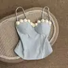 Top de tirantes strapless con encaje de rosa a rayas azules y blancas para mujer