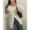 En stock Camisa de otoño chic coreana de un solo pecho con retazos de encaje y jacquard acanalado de manga larga para mujer 17968