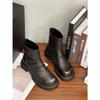 Botas Estilo Británico Plisadas Tacón Grueso Botines Cortos Mujer Elásticos Ajustados Forro de Pelo Mujer 2025 Otoño e Invierno Nuevo Estilo