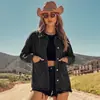 Jaqueta Jeans Lavada de Lapela de Manga Longa de Botão Único com Bolsos Duplos Laterais Estilo Streetwear Transfronteiriça Europeia e Americana para Mulheres